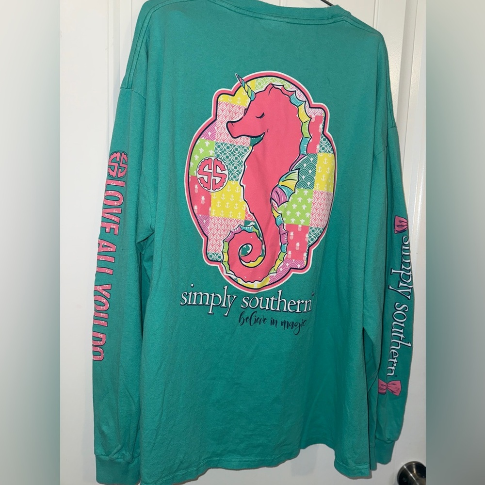 Simply Southern Teal Long Sleeve Tee with Pink Accents - Picture 7 of 10